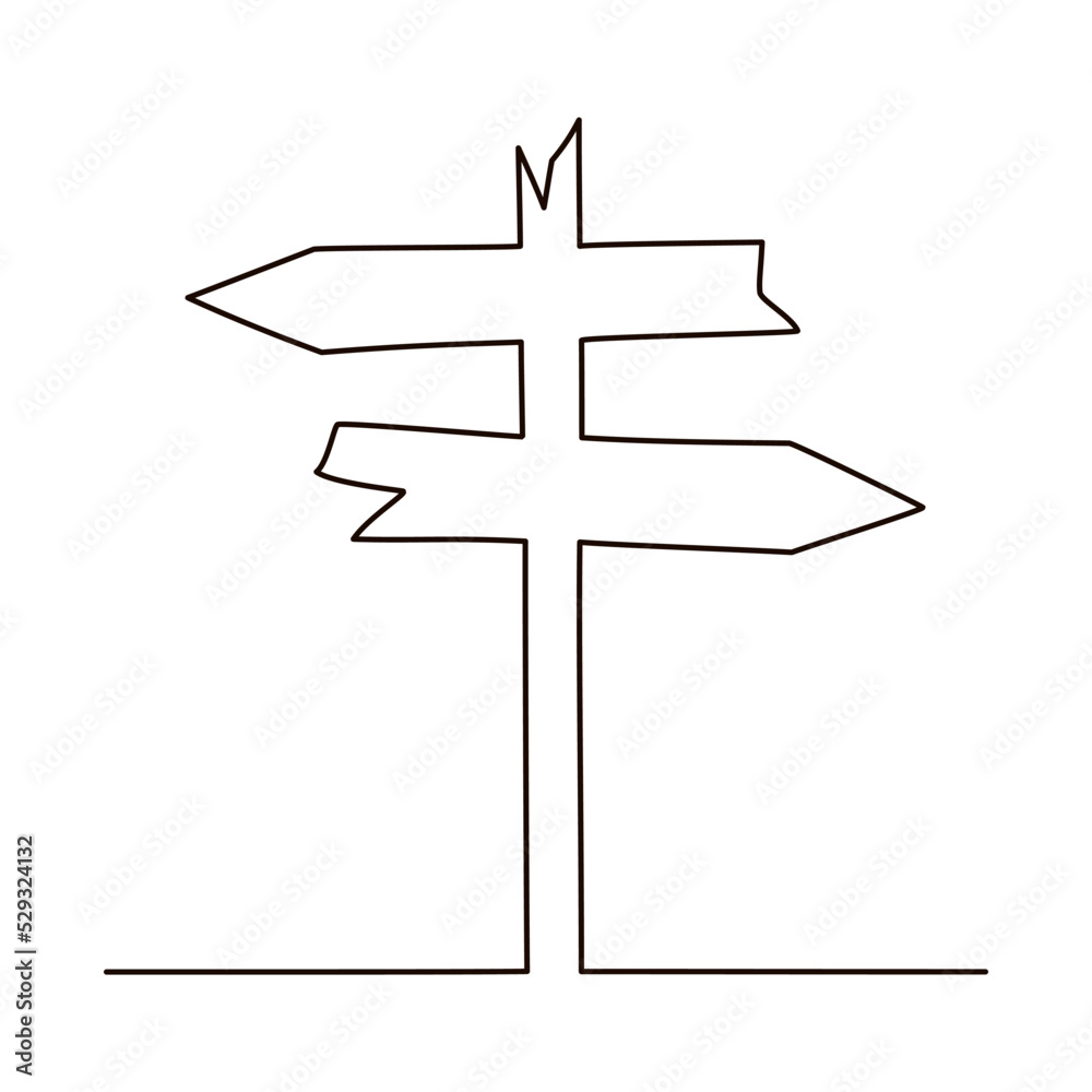 Road Sign Left and Right Arrows Continuous Line Drawing in One Line Vector Illustration Isolated on a white background. Road Sign Left and Right Arrows Continuous Line Drawing in One Line Vector Illustration Isolated on a white background.