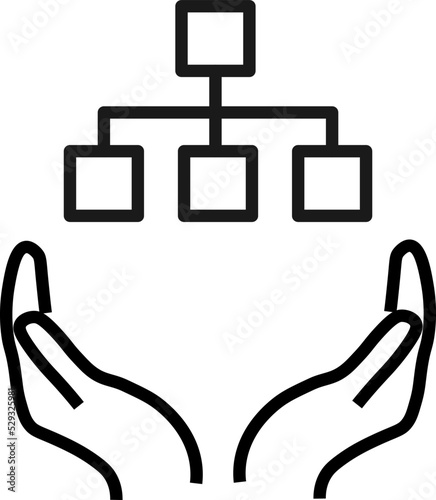 Support, present and charity concept. Modern vector sign drawn with black thin line. Editable stroke. Vector line icon of algorithm or mind map over outstretched hands