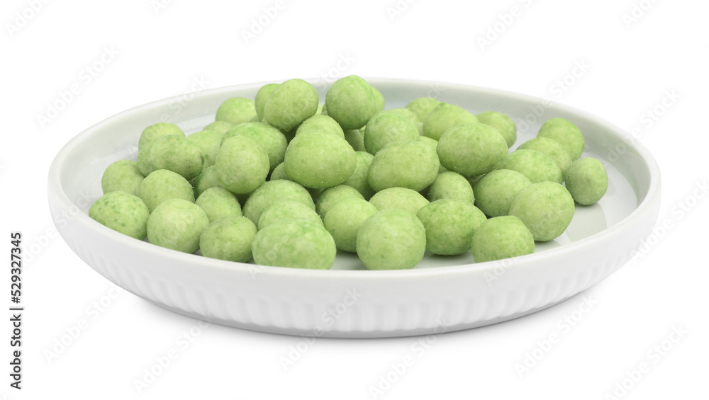 Plate with wasabi coated peanuts on white background