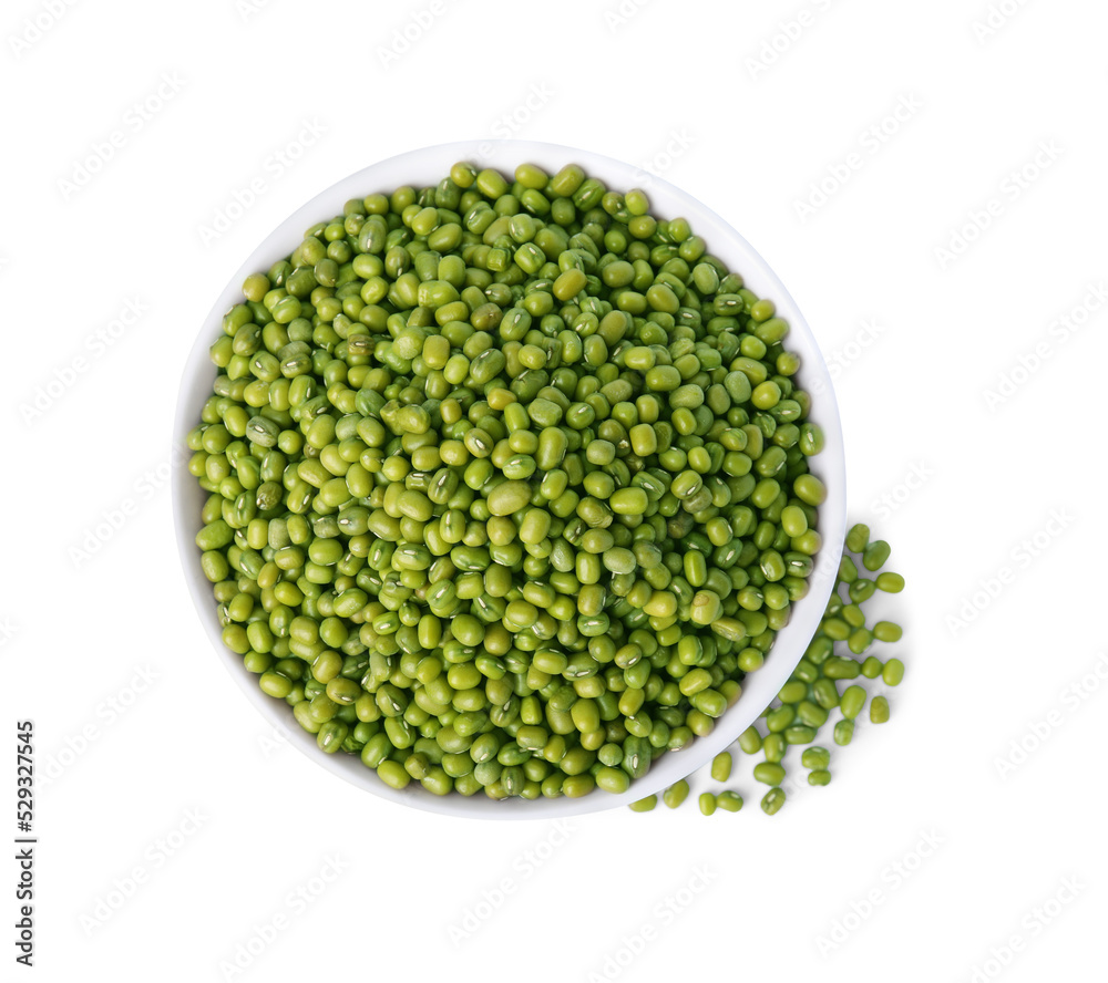 Bowl with green mung beans isolated on white, top view. Organic grains Bowl with green mung beans isolated on white, top view. Organic grains