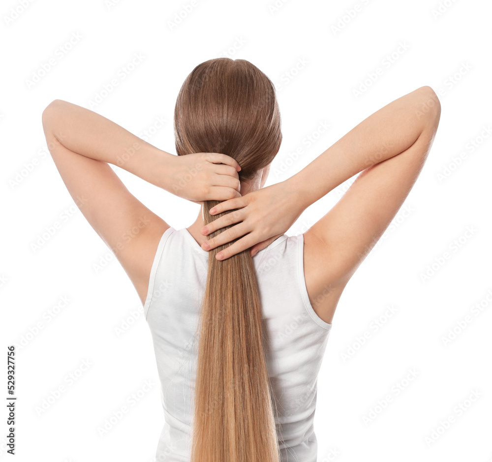 Naklejka premium Teenage girl with strong healthy hair on white background, back view