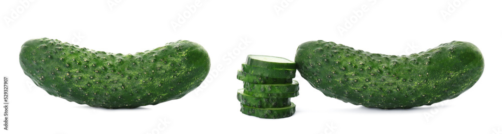 Set with whole and cut ripe cucumbers on white background. Banner design Set with whole and cut ripe cucumbers on white background. Banner design