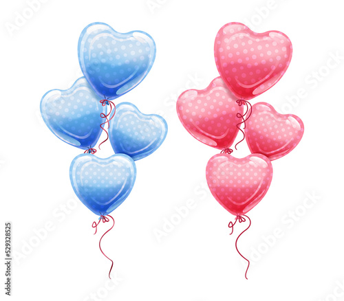 Baloniki w kształcie serca w kolorze różowym / czerwonym i niebieskim. Ilustracja na banery, tapety, ulotki, vouchery upominkowe, kartki z życzeniami, plakaty.