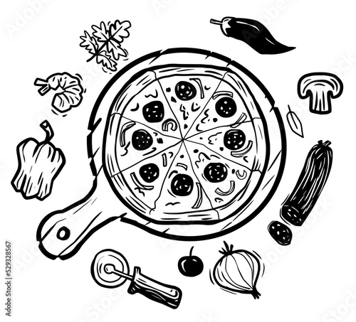 Pizza icon set. Food and utensils in separate vectors