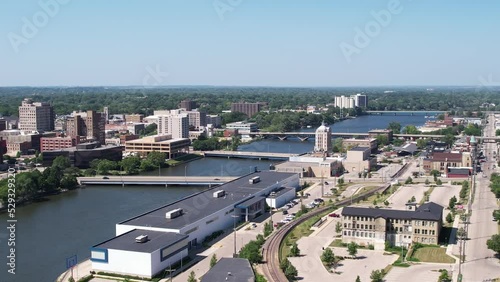 Aerial View of Rockford IL USA, Downtown Neighborhoods on Rock River Riverbanks, Drone Shot Panorama photo