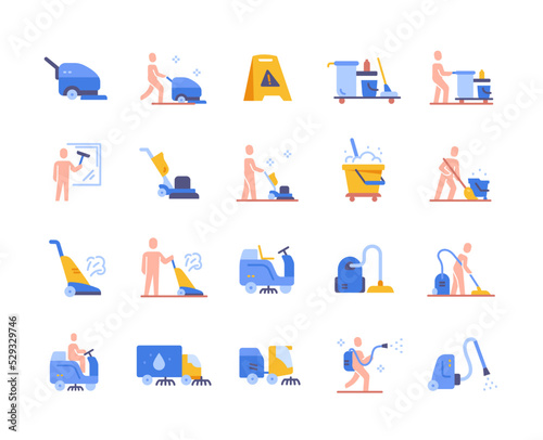 Industrial Cleaning Service Colorful Icons set. Stickers with vacuum cleaner and devices for wet floor cleaning. Janitors with inventory. Cartoon flat vector collection isolated on white background