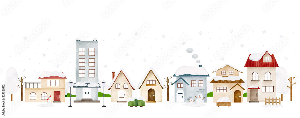 雪が降る冬の街並み　水彩風イラスト