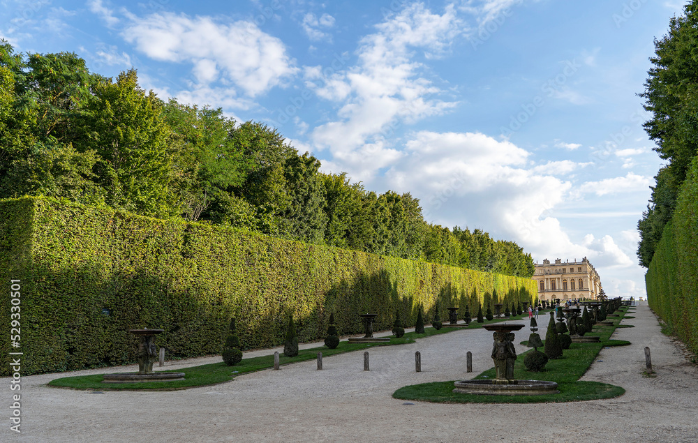 Fototapeta premium Beautiful gardens of the Palace of Versailles with trimmed trees and shrubs, landscape art of France.