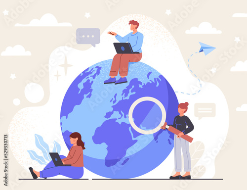 Remote working or freelance concept. Men and women work anywhere in world or globe. International company or global business. Employees or entrepreneurs with laptops. Cartoon flat vector illustration