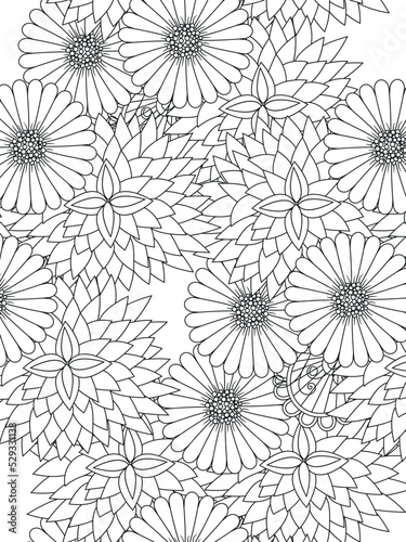 Doodle floral pattern in black and white. A page for coloring book  fascinating and relaxing job for children and adults. Zentangle drawing. Flower carpet in a magic garden