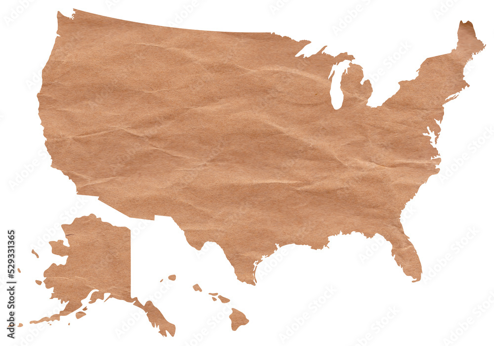 Map of United States of America made with crumpled kraft paper. Handmade map with recycled material. USA. EEUU Map of United States of America made with crumpled kraft paper. Handmade map with recycled material. USA. EEUU
