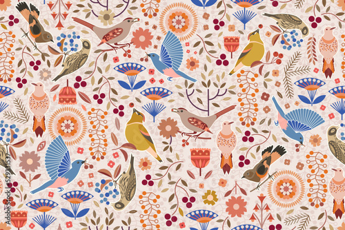 Birds chirp and sing having a berry party in a woodland with folksy art stylized flowers leaves and berries. For various surfaces printed design, home decor, backgrounds, scrapbooking, digital realm.