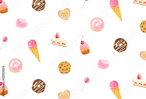 seamless pattern with a set of sweet desserts in watercolor for banners, cards, flyers, social media wallpapers, etc.