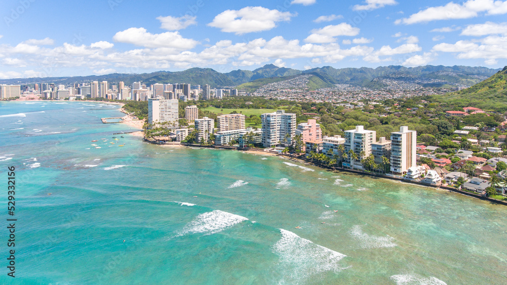 Aerial view of the Gold Coast area of Honolulu just outside Waikiki on the island of Oahu in Hawaii