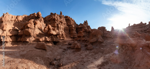 Red Rock Formations in Desert at Sunny Sunrise. Spring Season. Goblin Valley State Park. Utah, United States. Nature Background Panorama © edb3_16