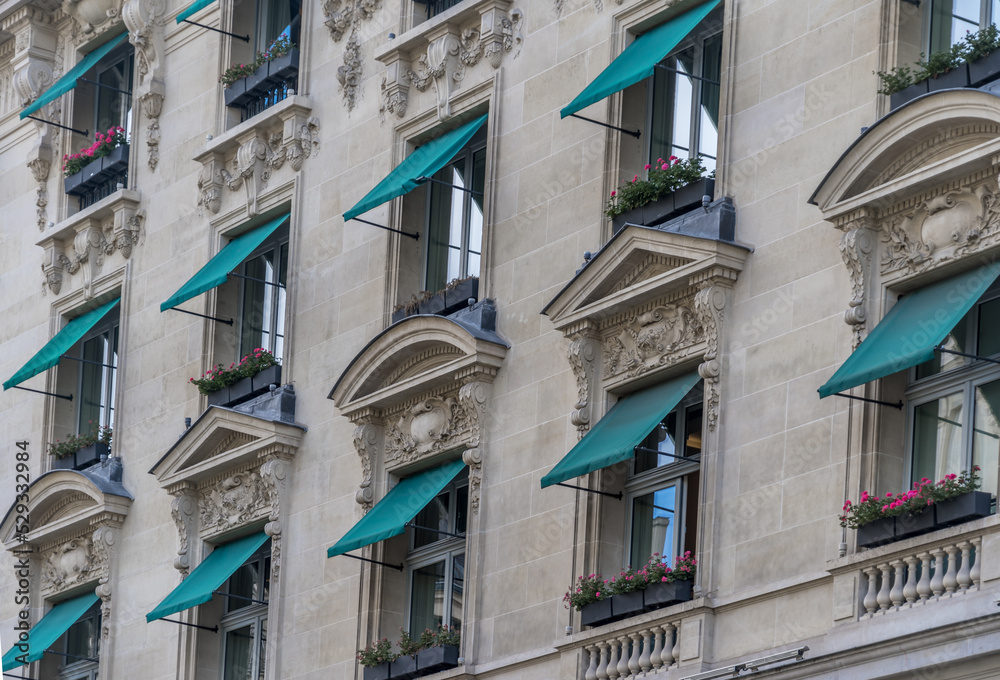 Classic Parisian windows with classist décor and green awning