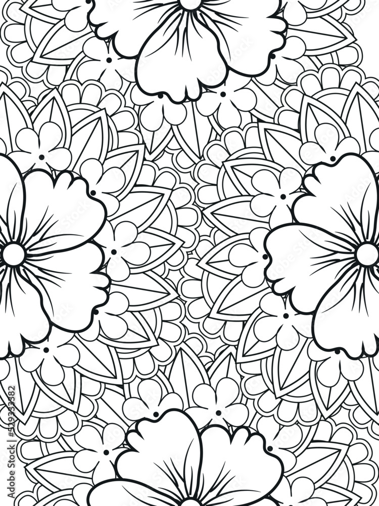 Doodle floral pattern in black and white. A page for coloring book: fascinating and relaxing job for children and adults. Zentangle drawing. Flower carpet in a magic garden Doodle floral pattern in black and white. A page for coloring book: fascinating and relaxing job for children and adults. Zentangle drawing. Flower carpet in a magic garden