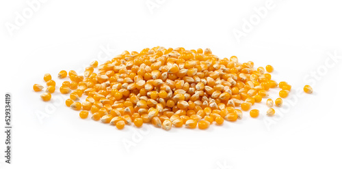 Dried corn kernels placed on white background.