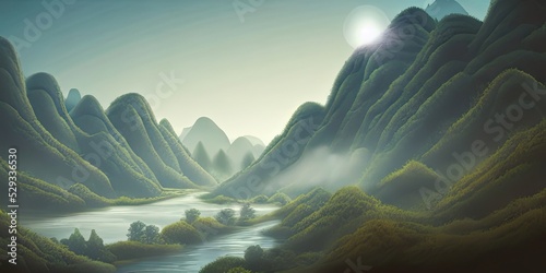 China karst limestone landscape with river, forest and mountains, Chinese illustration scene