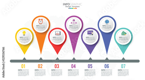 Timeline infographic vector with 7 steps can be used for workflow, layout, diagram, annual report, web design.