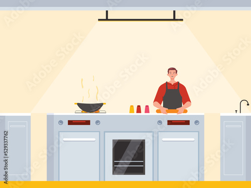 Chef prepare ingredients for cooking while and spices turning on the stove for boiling water. Chef cooking himself in the kitchen. Ai vector illustration	