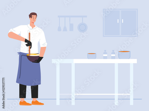 Chef mixing the ingredients at kitchen. Chef man using the whisk for mixing in a bowl. Ai vector illustration 