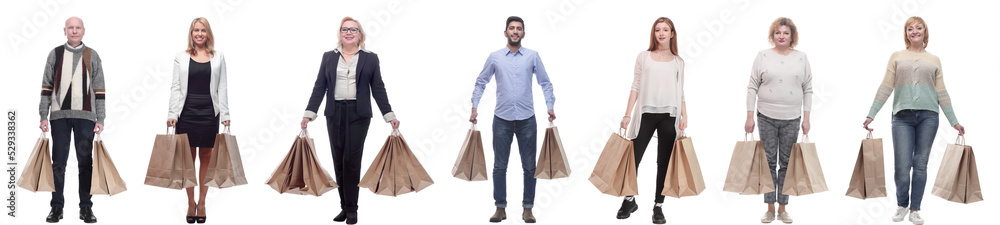 a line of people with shopping bags isolated a line of people with shopping bags isolated