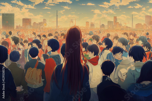Fotografiet 2d cartoon anime style crowds. High quality 3d illustration