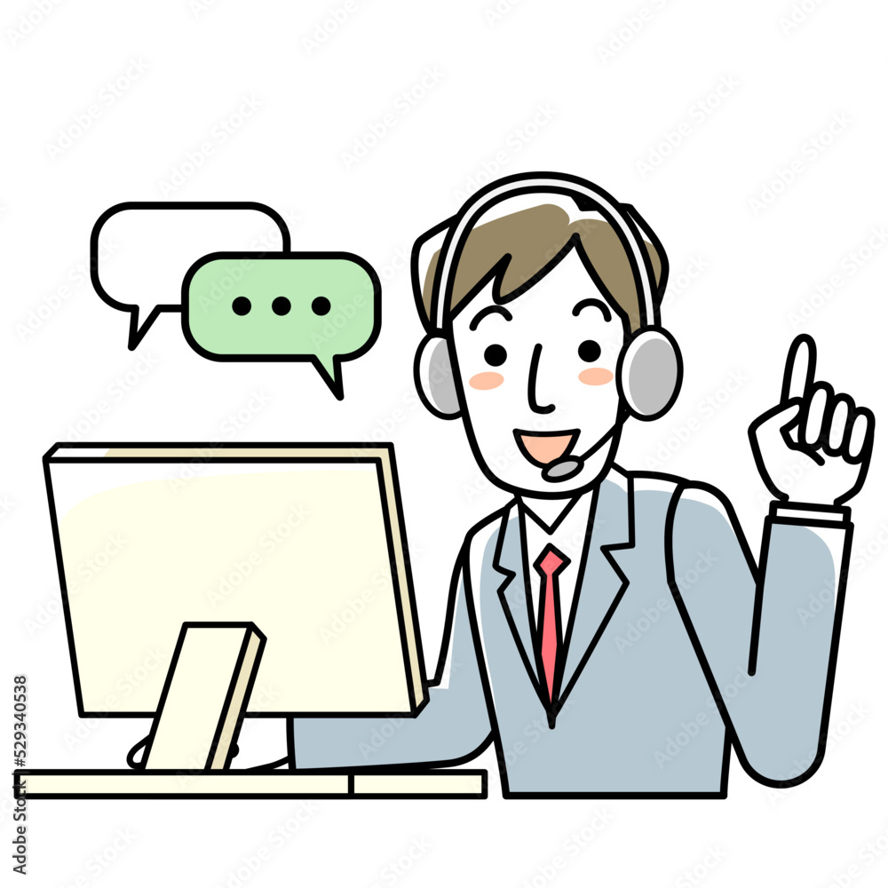 ヘッドセットをつけてパソコンに向かう若い男性 ヘッドセットをつけてパソコンに向かう若い男性