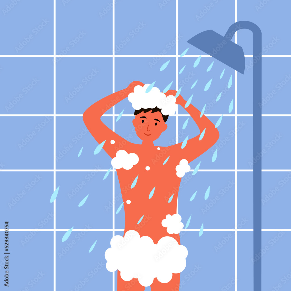 Man taking shower and shampoo his hair in bathroom vector illustration. Man taking shower and shampoo his hair in bathroom vector illustration.