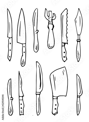 Kitchen knives for various purposes. Set of elements. Cooking appliances. Outline hand drawn sketch. Drawing with ink. Isolated on white background. Vector.
