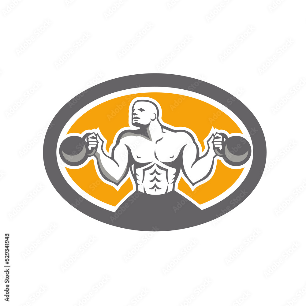 Bodybuilder Lifting Kettlebell Front Oval Retro Bodybuilder Lifting Kettlebell Front Oval Retro