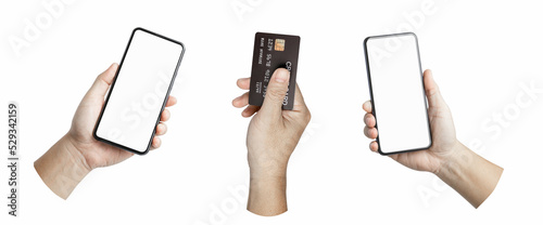 A set, group of male hand hold a credit card and cell phone isolated on white.