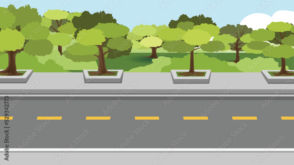 Fototapeta premium Horizontal view of Asphalt road. Background of trees on footpath and trees forest and green grass. Under the blue sky.