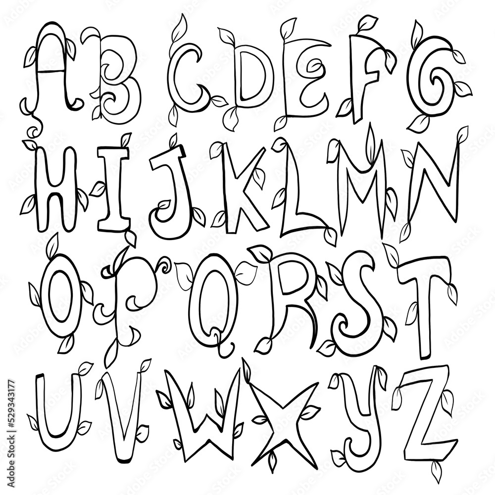Alphabet in floral style, line art illustration Alphabet in floral style, line art illustration