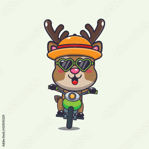 Cool deer with sunglasses riding a motocycle in summer day.