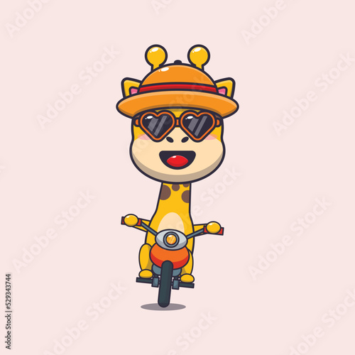 Cool giraffe with sunglasses riding a motocycle in summer day.