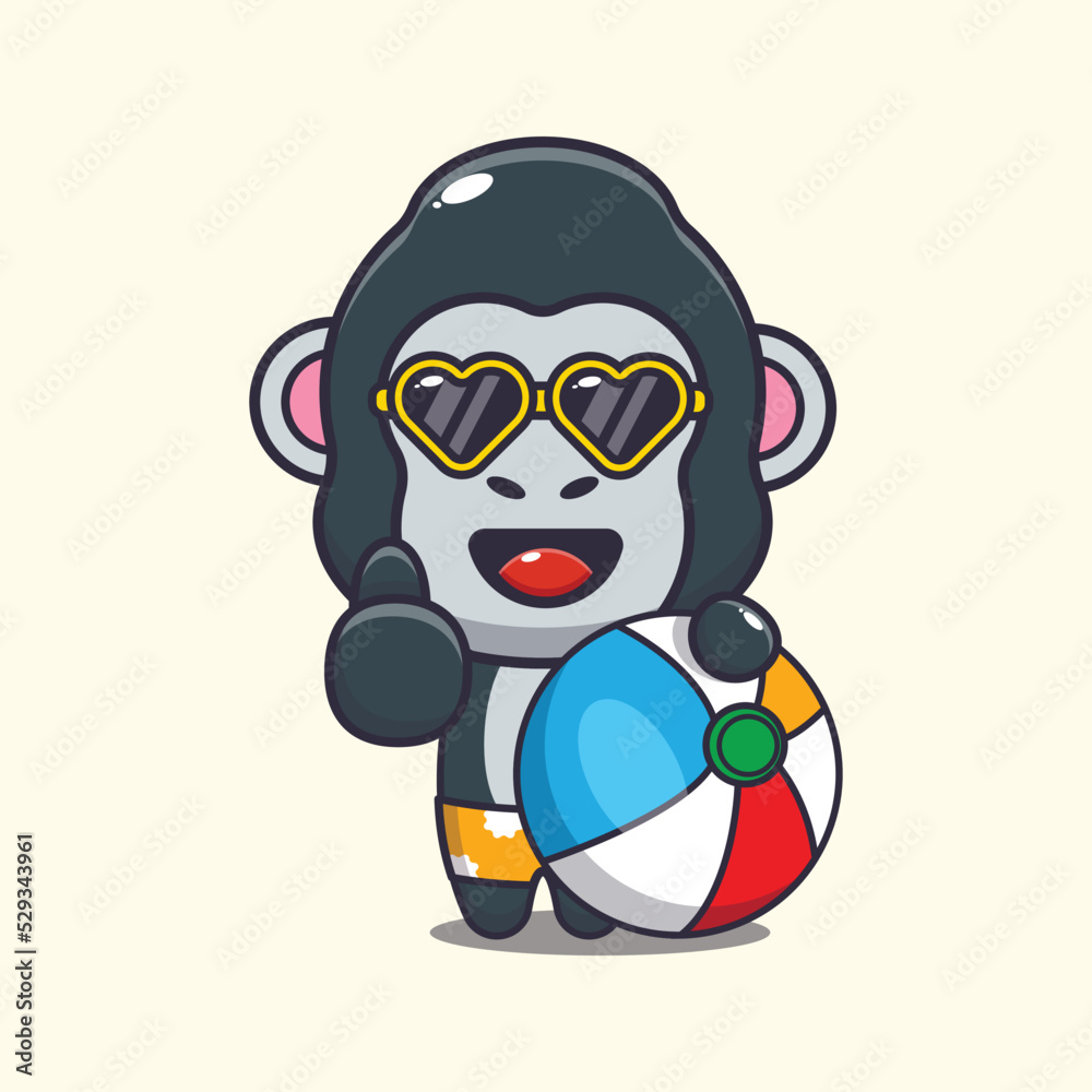 Cute gorilla in sunglasses with beach ball cartoon illustration.