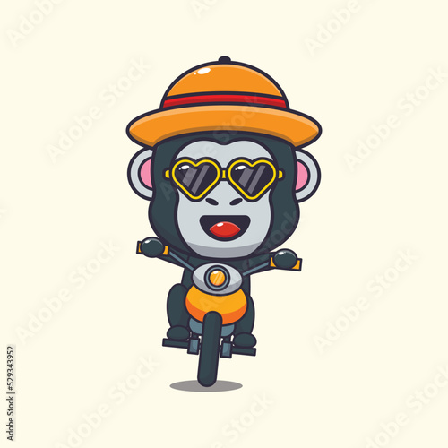 Cool gorilla with sunglasses riding a motocycle in summer day.