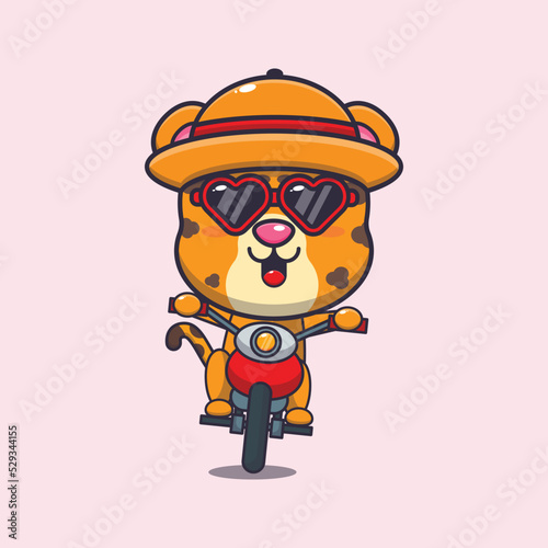 Cool leopard with sunglasses riding a motocycle in summer day.