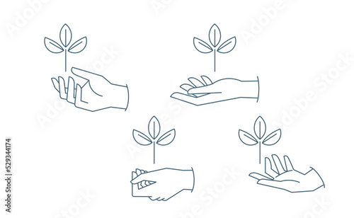 Sustainable ecologic environment concept. Hand holding plant. Linear vector illustration.