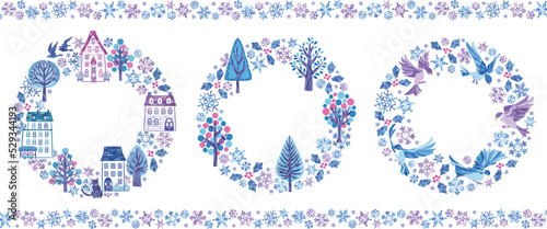 雪の結晶　冬のイラスト丸フレームセット②　（小鳥　街並み　森）