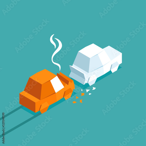 Orange origami car crash a white car on a blue background, causing an accident. Rear-end collision. Vector illustration isometric flat design.
