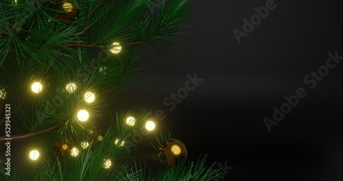 background design with christmas themed pine tree trunk and leaves and accessories, blank space on right is black, 3d rendering and 4K size photo