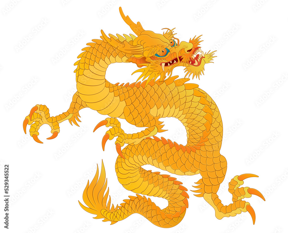 Naklejka premium Oriental dragon color illustration Chinese Japanese Korean style transparent backgroundgolden yellow simple