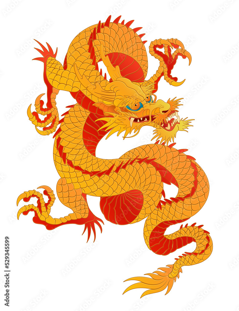 Oriental dragon color illustration Chinese Japanese Korean style transparent backgroundTwisted neck down red yellow
