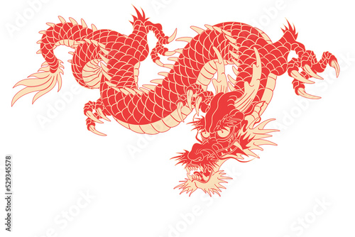 Oriental dragon color illustration Chinese Japanese Korean style transparent backgroundSimple light red color and descending dragon © pil