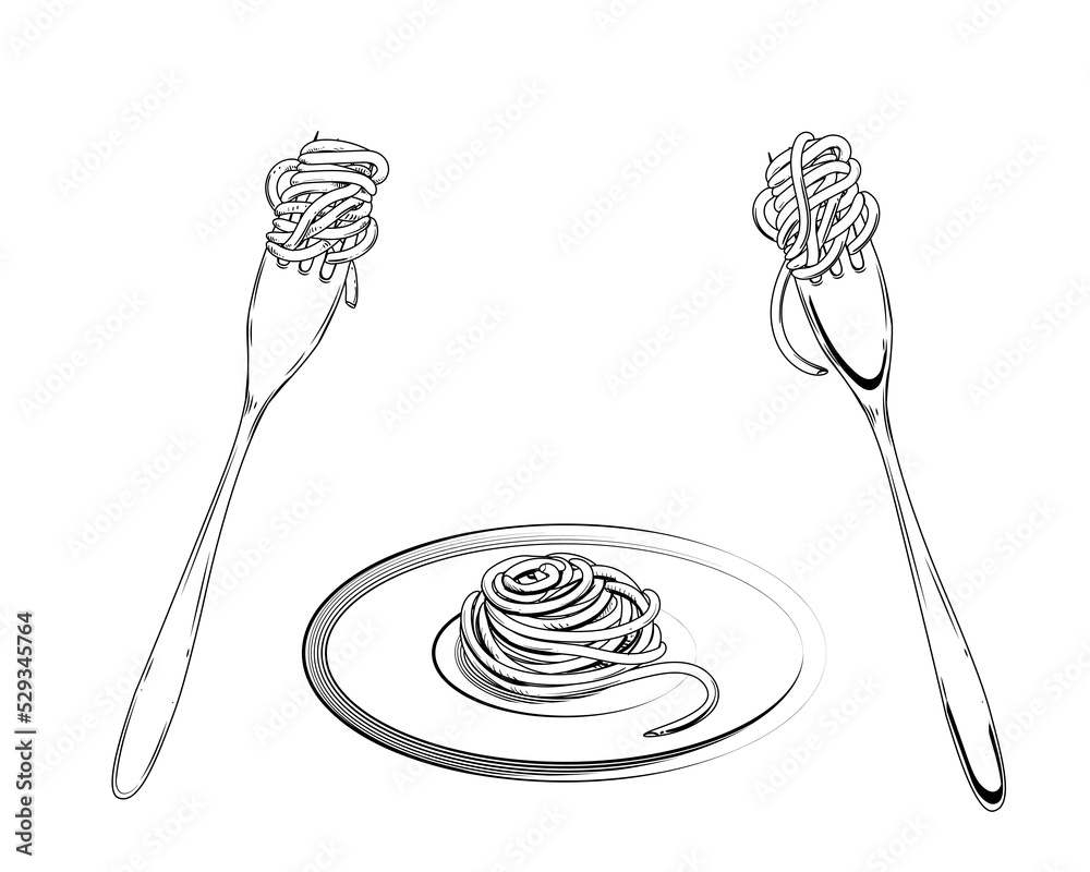 Hand drawn sketch black and white of pasta, spaghetti, fork. Vector