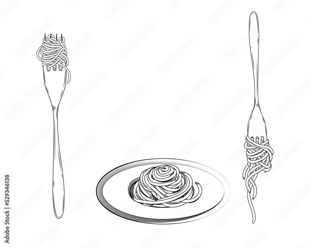 Hand drawn sketch black and white of pasta, spaghetti, fork. Vector