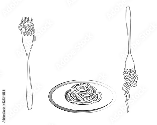 Hand drawn sketch black and white of pasta, spaghetti, fork. Vector illustration. Elements in graphic style label, sticker, menu, package. Engraved style illustration.